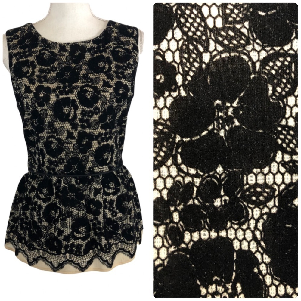 Flocked lace pattern peplum top L